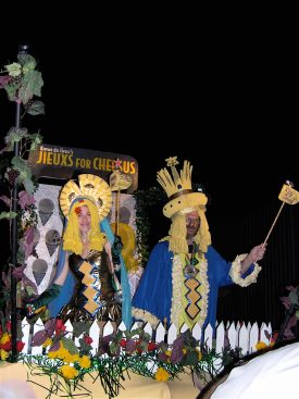  The Jieuxish American Princess (Anne Titlebaum) and the King of the Jieuxs (Dave Wurtzel), in cheese-themed regalia, riding atop the “Jieuxs for Cheesus” float in the 2005 Krewe du Vieux parade