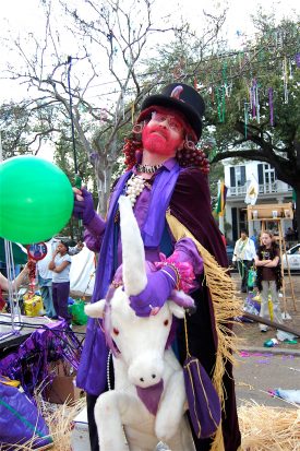 L.J. as Schmacchus, astride his “jieuxnicorn” — a white, stuffed unicorn with a purple yamaka — in the 2008 Box of Wine parade
