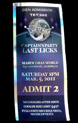 Ticket admitting two to the 2011 Mystic Orphans and Misfits’ Captain’s Party at Mardi Gras World in Algiers.