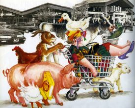 Janet Stevens illustration from To Market, To Market showing animals pushing the Queen Coleen shopper character in a grocery cart.