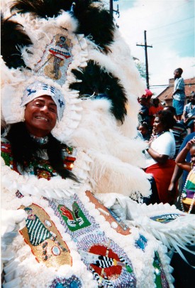 The big chief spared no expense on his “retirement suit,” which depicted African and Native American themes and included a dazzling profusion of satin ribbon, ivory-colored ruffles made of virgin silk, plus a multitude of crystals and stones individually sewn onto canvas “patches.” — Photo courtesy of Andrew Justin