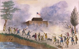 Lithograph depicting Seminole attack on Block House
