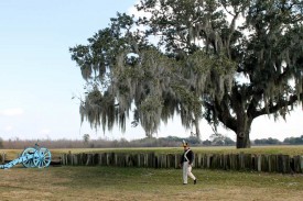 Chalmette Battlefield with soldier dressed for reenactment