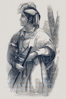 Engraving of Coacoochee, who is shown in profile holding rifle