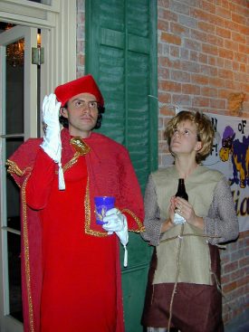 Sal (got up as a Medieval Bishop) and Lydia (as a peasant in sackcloth) hamming it up at the Dog Bawl, which took place at the historic Bucvolt House in the French Quarter