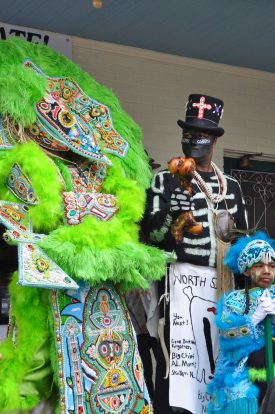 Victor Harris, chief of the Spirit of the Fi Yi Yi Mardi Gras Indians, with Bruce “Sunpie” Barnes, chief of the Northside Skull and Bone Gang, at the Backstreet Cultural Museum on Mardi Gras 2011
