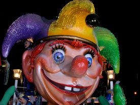 Giant jester head from the "Endymion Welcomes You to Mardi Gras" float