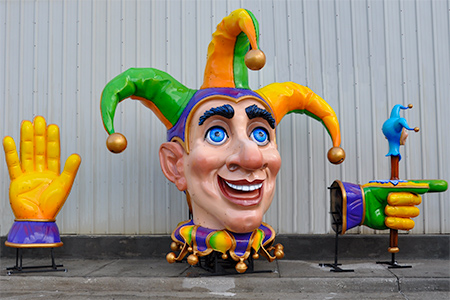 Jester figure outside of Blaine Kern's Mardi Gras World