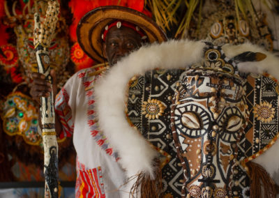Spirit of Fi Yi Yi and the Mandingo Warriors Big Chief Victor Harris with his regalia at the 2022 New Orleans Jazz and Heritage Festival