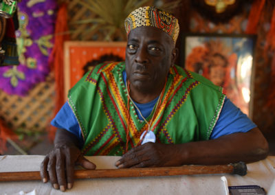 Jack Robinson of Spirit of Fi Yi Yi and the Mandingo Warriors in the Louisiana Folklife Village at the 2022 New Orleans Jazz and Heritage Festival
