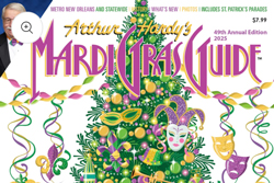 Cover of the 2025 edition of Arthur Hardy's Mardi Gras Guide featuring an illustration of a Mardi Gras Christmas tree