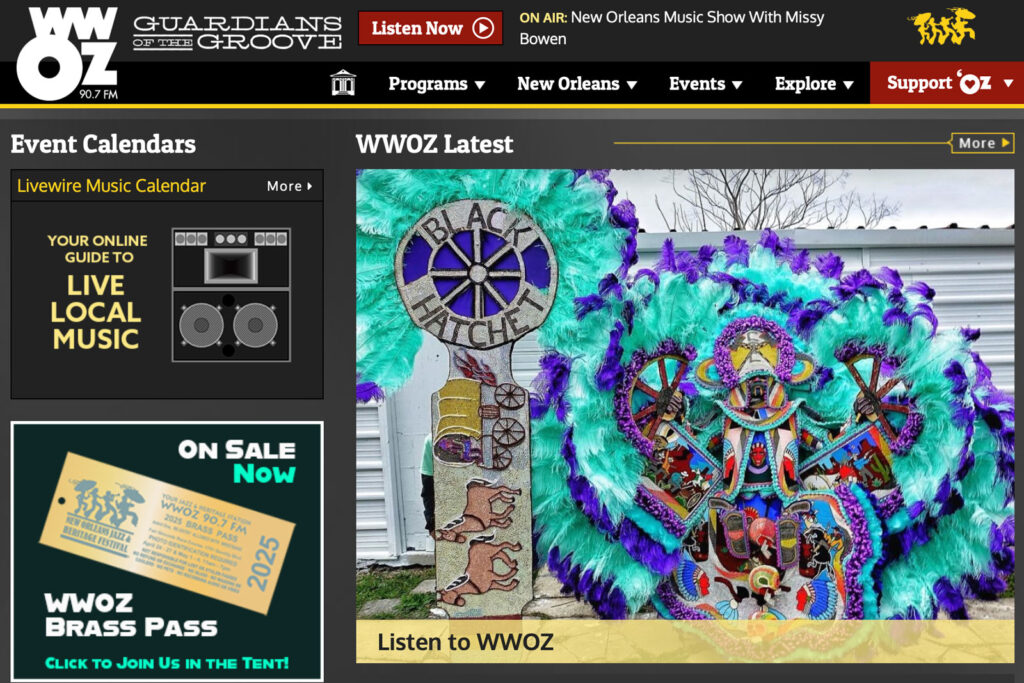 screen shot of WW0Z.com showing Alphonse “Dowee” Robair of the Black Hatchet Mardi Gras Indian tribe