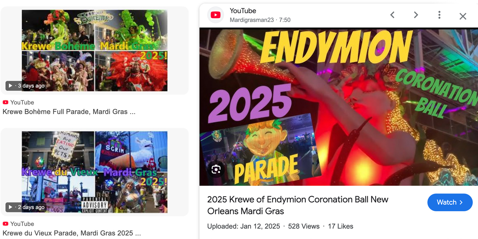 YouTube screen capture showing Mardi Gras 2025 videos including Krewe Boheme, Krewe du Vieux and the Endymion Coronation Ball